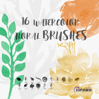 水彩、水粉涂鸦植物鲜花、叶子图案Photoshop笔刷素材-玩吧资源站
