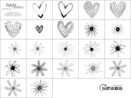 水墨、水彩涂鸦爱心与花朵Photoshop笔刷素材-玩吧资源站