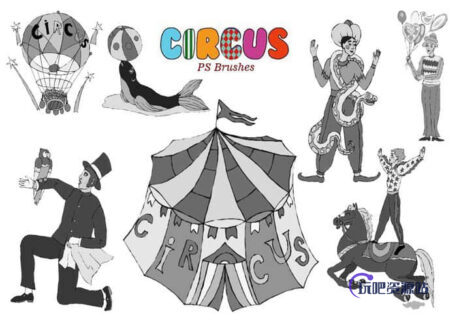 20种马戏团元素图形Photoshop笔刷素材下载-玩吧资源站