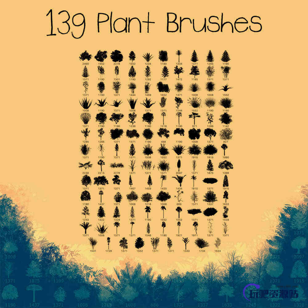 139种植物树木、小草、草丛、灌木图形PS笔刷素材下载