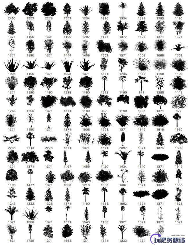 139种植物树木、小草、草丛、灌木图形PS笔刷素材下载
