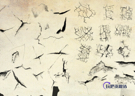 墙面龟裂、开裂、剥落、土地地面墙面干燥纹理PS笔刷下载-玩吧资源站