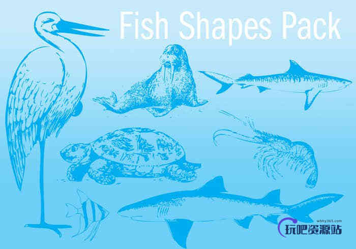 7种版刻式生物造型PS自定义形状素材