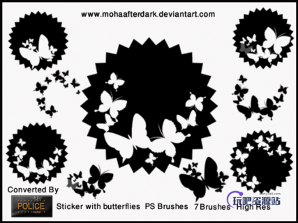 漂亮的蝴蝶剪纸花纹Photoshop笔刷素材下载-玩吧资源站