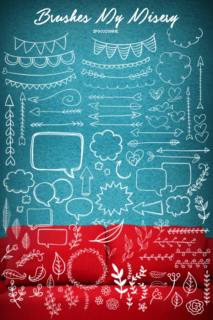 卡哇伊童趣手绘涂鸦箭头、彩旗横幅、气泡对话框、植物叶子花纹图案PS笔刷素材-玩吧资源站