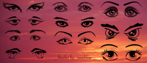 手绘式眼睛与眉毛、眼神效果Photoshop笔刷素材下载-玩吧资源站