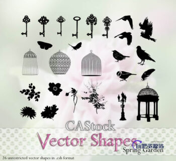 古朴钥匙、精美鸟笼、树枝树叶、亭楼、小鸟乌鸦麻雀photoshop自定义形状素材 .csh 下载-玩吧资源站