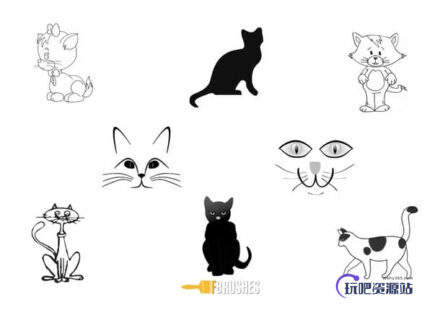 可爱的卡通猫咪、猫脸Photoshop笔刷下载-玩吧资源站