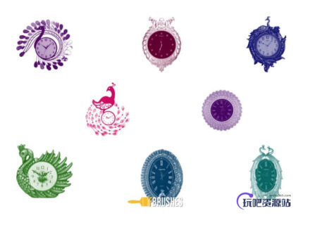 漂亮的孔雀时钟Photoshop钟表笔刷下载-玩吧资源站