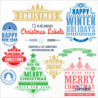 15种不同的圣诞节徽章图案标志PS笔刷下载-玩吧资源站