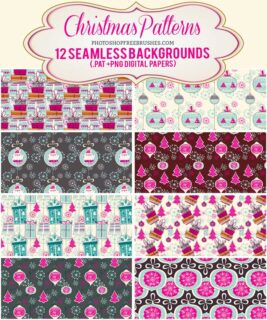 12种漂亮卡哇伊的圣诞节礼物、彩球装饰Photoshop背景填充素材下载-玩吧资源站