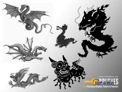 中国五爪金龙和西方恶龙造型PS笔刷下载-玩吧资源站