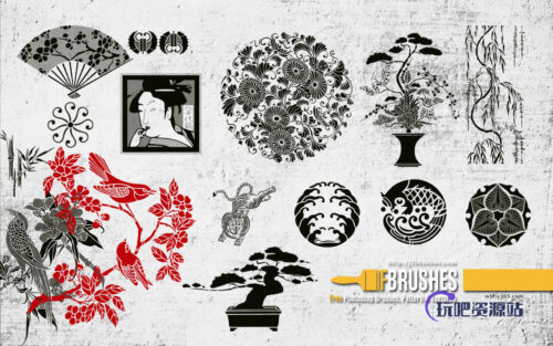 日本元素花纹图案、艺术饰品PS笔刷下载-玩吧资源站