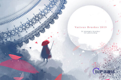 21种蕾丝边图案和水彩、星光、三角混合笔刷下载-玩吧资源站