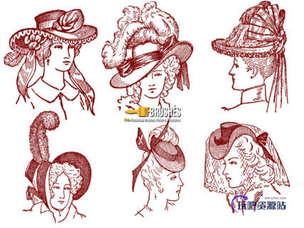 欧洲中世纪妇女头像版刻图案PS笔刷下载-玩吧资源站