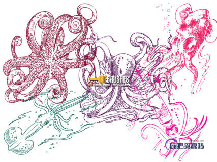 手绘鱿鱼、章鱼海怪图像Photoshop笔刷下载-玩吧资源站