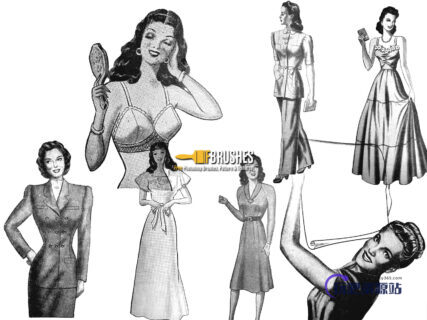 复古欧美时髦女郎、女性图案Photoshop笔刷下载-玩吧资源站