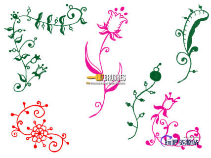 手绘涂鸦式植物花纹图案Photoshop笔刷下载-玩吧资源站