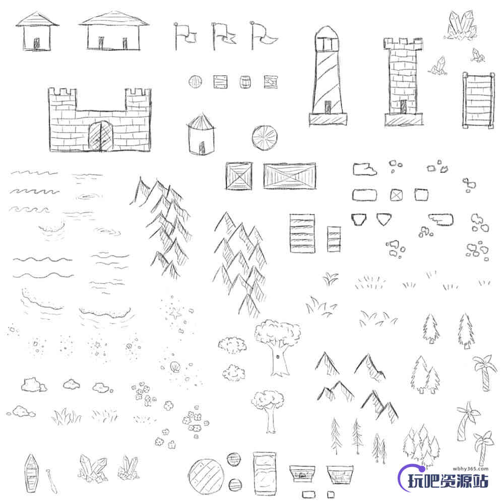 108种手绘游戏地图元素Photoshop笔刷下载