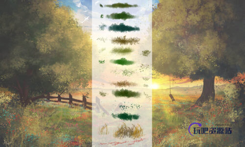 手绘式叶子、青草等植被笔触Photoshop绘画笔刷-玩吧资源站