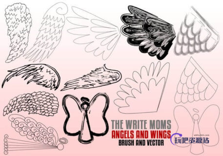 手绘式涂鸦羽毛翅膀、天使羽翼Photoshop笔刷下载-玩吧资源站