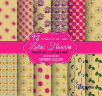 12种莲花可无缝拼接Photoshop填充背景素材下载-玩吧资源站