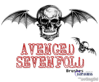 恐怖的骷髅头蝙蝠图案Photoshop笔刷下载-玩吧资源站
