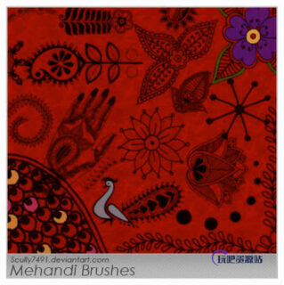 漂亮的手绘印花图案Photoshop笔刷下载-玩吧资源站