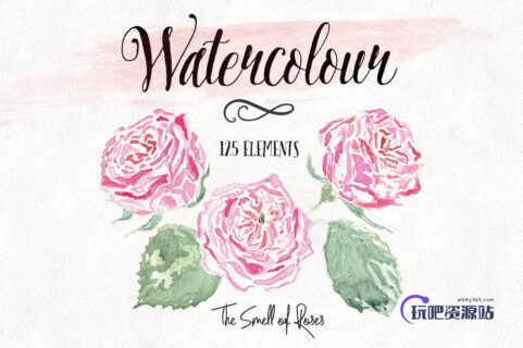漂亮的手绘水彩玫瑰花图案Photoshop笔刷下载-玩吧资源站