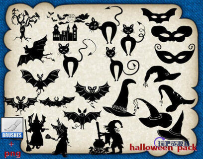 卡通万圣节巫师帽、蝙蝠、巫婆、蝙蝠面罩PS笔刷下载-玩吧资源站