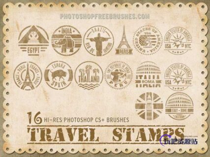 16种邮戳、世界旅游徽章Photoshop笔刷下载-玩吧资源站