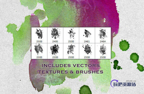 免费的水彩油漆污渍、滴溅化开效果Photoshop笔刷素材-玩吧资源站