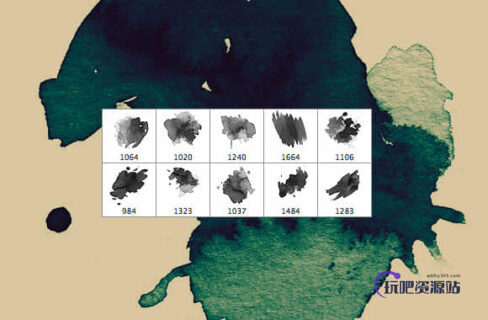 墨水、水彩滴溅化开痕迹Photoshop笔刷素材-玩吧资源站