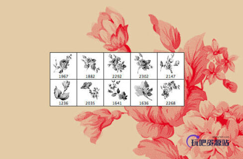 复古式刺绣、水墨状花纹、鲜花图案Photoshop笔刷-玩吧资源站