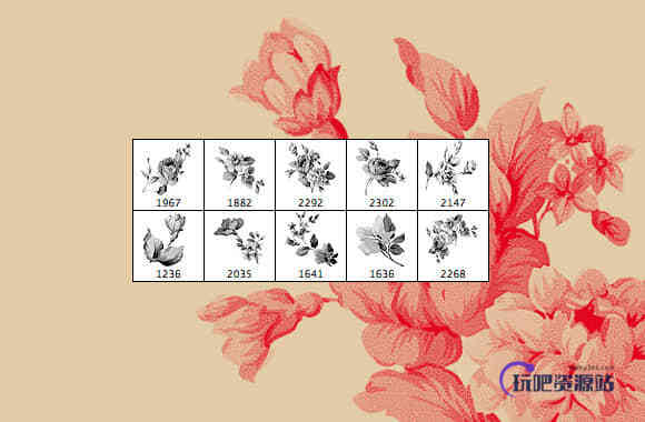 复古式刺绣、水墨状花纹、鲜花图案Photoshop笔刷