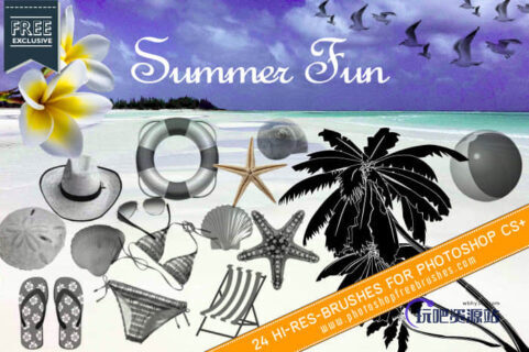 24种夏日海边主题元素Photoshop笔刷下载-玩吧资源站