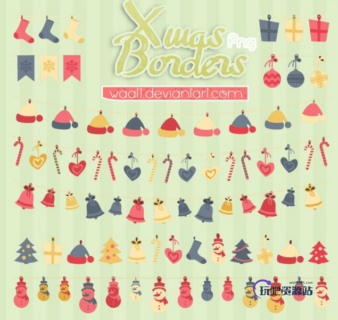 可爱圣诞节卡通帽子、拐杖、彩灯、铃铛、雪人等装饰PS笔刷-玩吧资源站