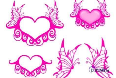 蝴蝶爱心花纹图案Photoshop情人节笔刷-玩吧资源站