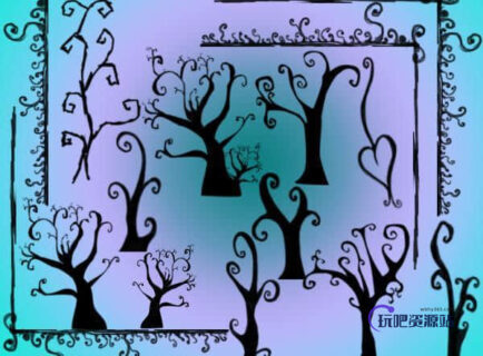 手绘涂鸦树木、漩涡小树Photoshop笔刷-玩吧资源站