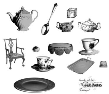 餐具、椅子、杯子、餐盘、茶壶、勺子、盘子Photoshop笔刷-玩吧资源站