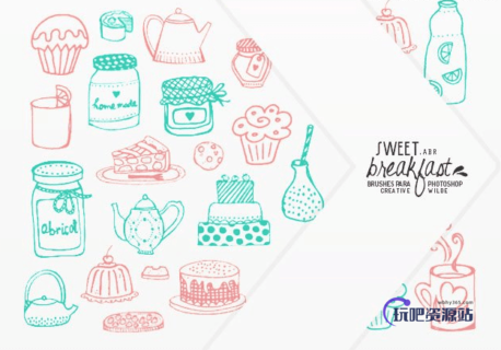 小清新卡通厨房食品手绘涂鸦图形PS美图笔刷-玩吧资源站