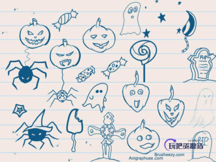 超级可爱手绘万圣节南瓜涂鸦Photoshop照片装扮笔刷-玩吧资源站