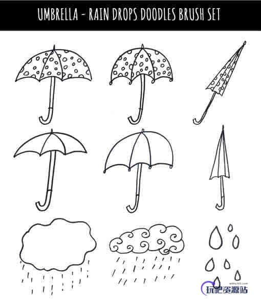 手绘卡通小雨伞Photoshop笔刷素材