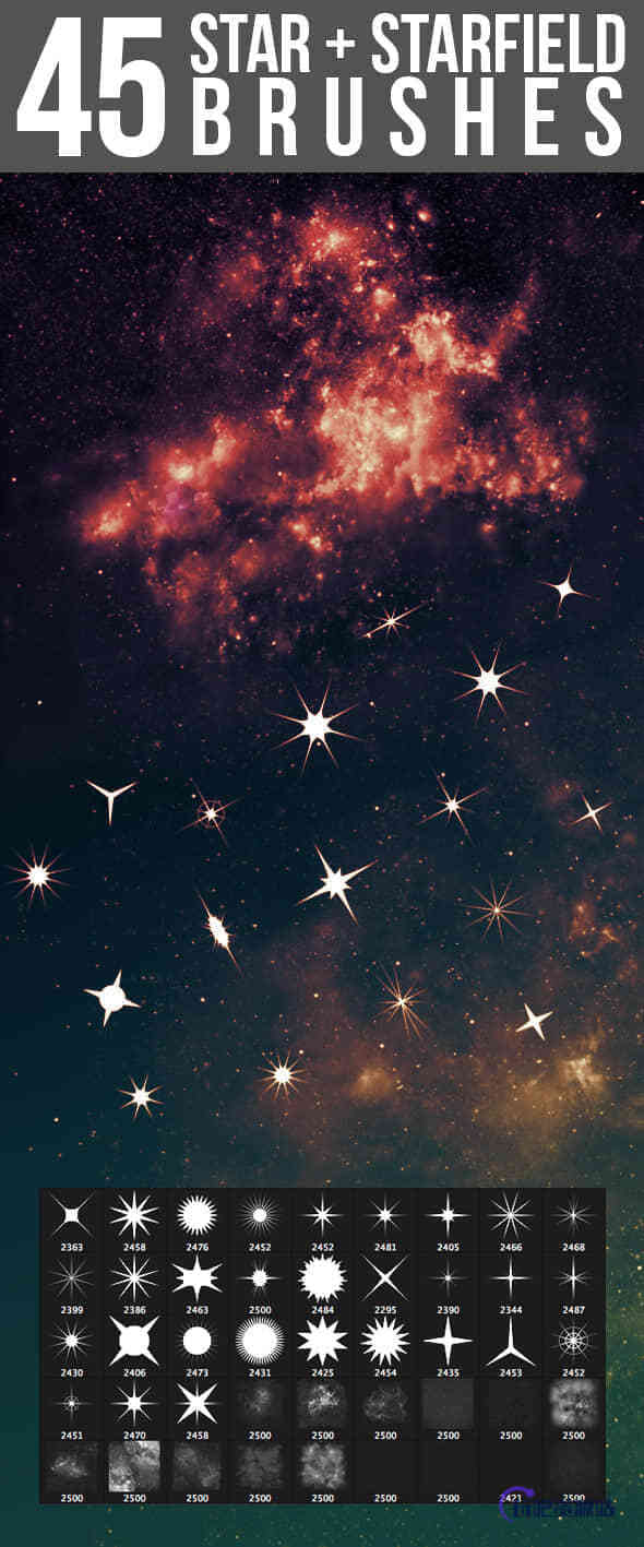 45种星星闪烁、星光、十字星图案Photoshop笔刷