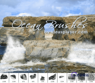 一组蓝天白云、大浪岩石、海岸线Photoshop笔刷-玩吧资源站