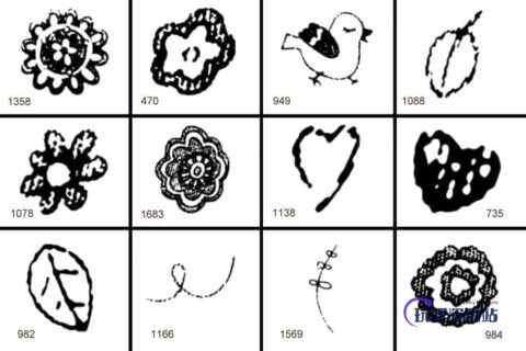可爱手绘图案花朵、爱心、小鸡、树叶PS笔刷素材-玩吧资源站