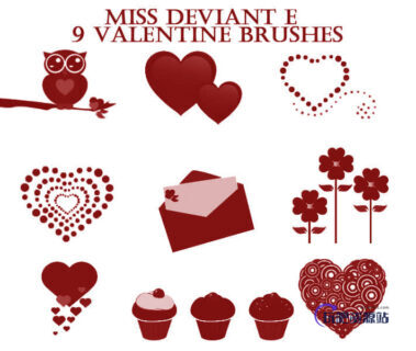 情人节爱心、纸杯蛋糕、猫头鹰、信封、鲜花等PS装扮笔刷-玩吧资源站