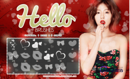 红唇、爱心、蝴蝶结Photoshop情人节美图装扮笔刷-玩吧资源站