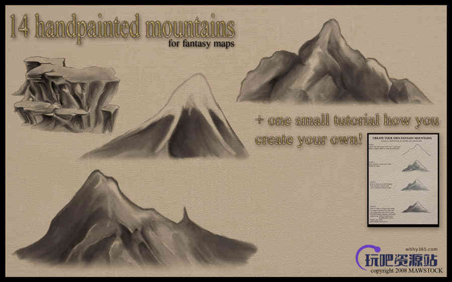 手绘水墨山脉、大山岩石峭壁Photoshop笔刷