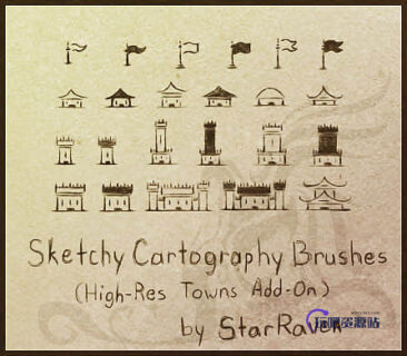 卡通城堡、箭塔、炮楼、营寨、旌旗等Photoshop笔刷-玩吧资源站